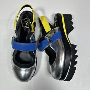 IRI NYC DAANY Color Block Silver Leather Sandal Sling Back Chunky Women Sz 6.5